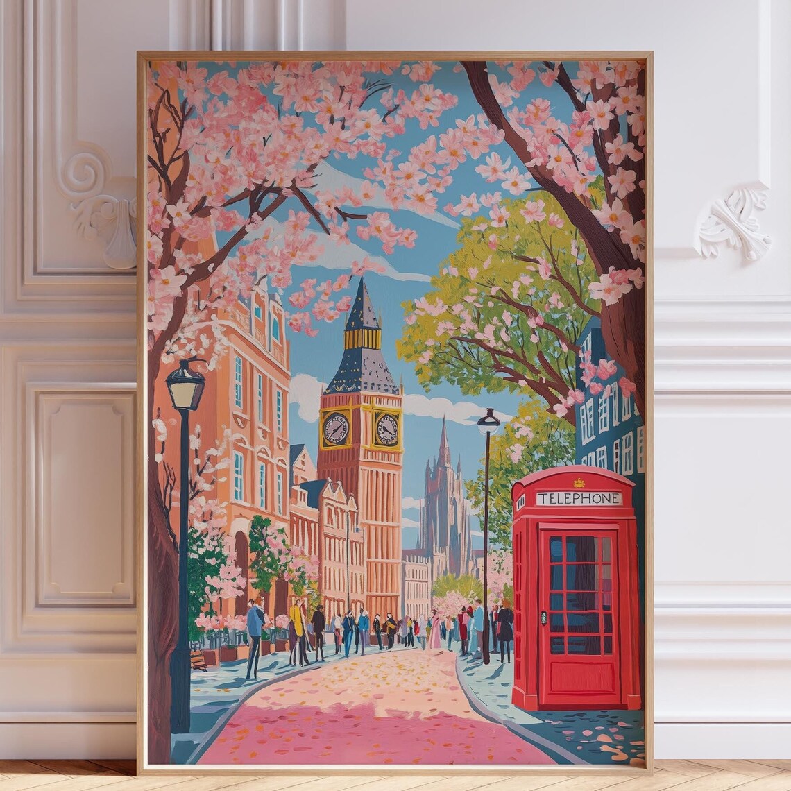 London Spring Cherry Blossom Big Ben Vintage Travel Art Poster