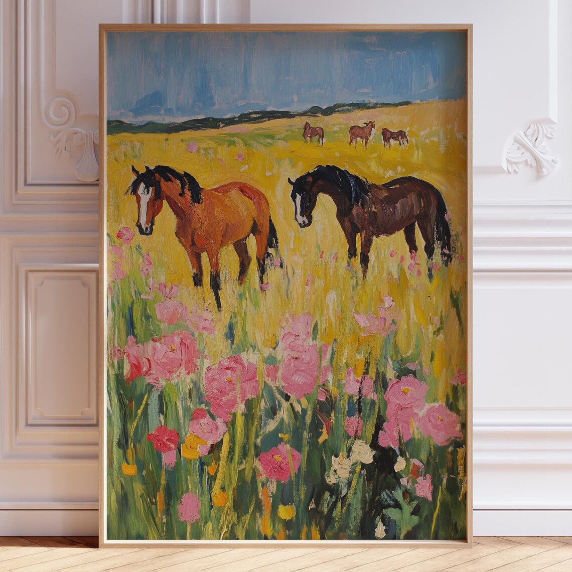 Wild Horses Golden Meadow Pink Flowers Impressionist Art Poster