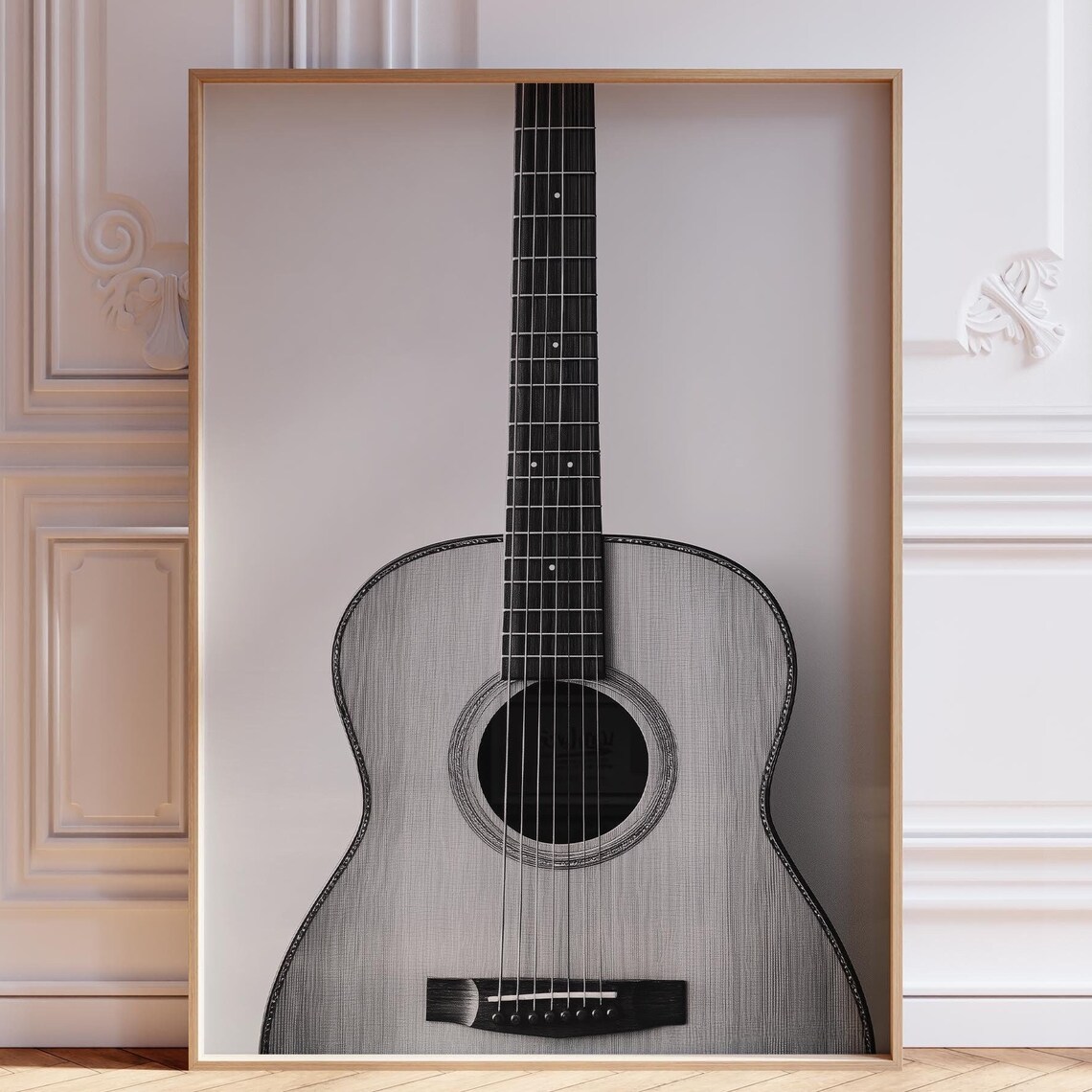 Black and White Acoustic Guitar Close Up Minimalist Music Wall Art