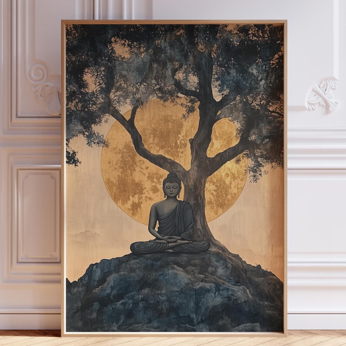 Golden Buddha Meditating Under Bodhi Tree Zen Meditation Art Poster
