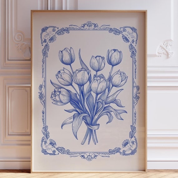 Blue Floral Print Vintage Tulip Art Light Flower Cute Nursery Boho Spring