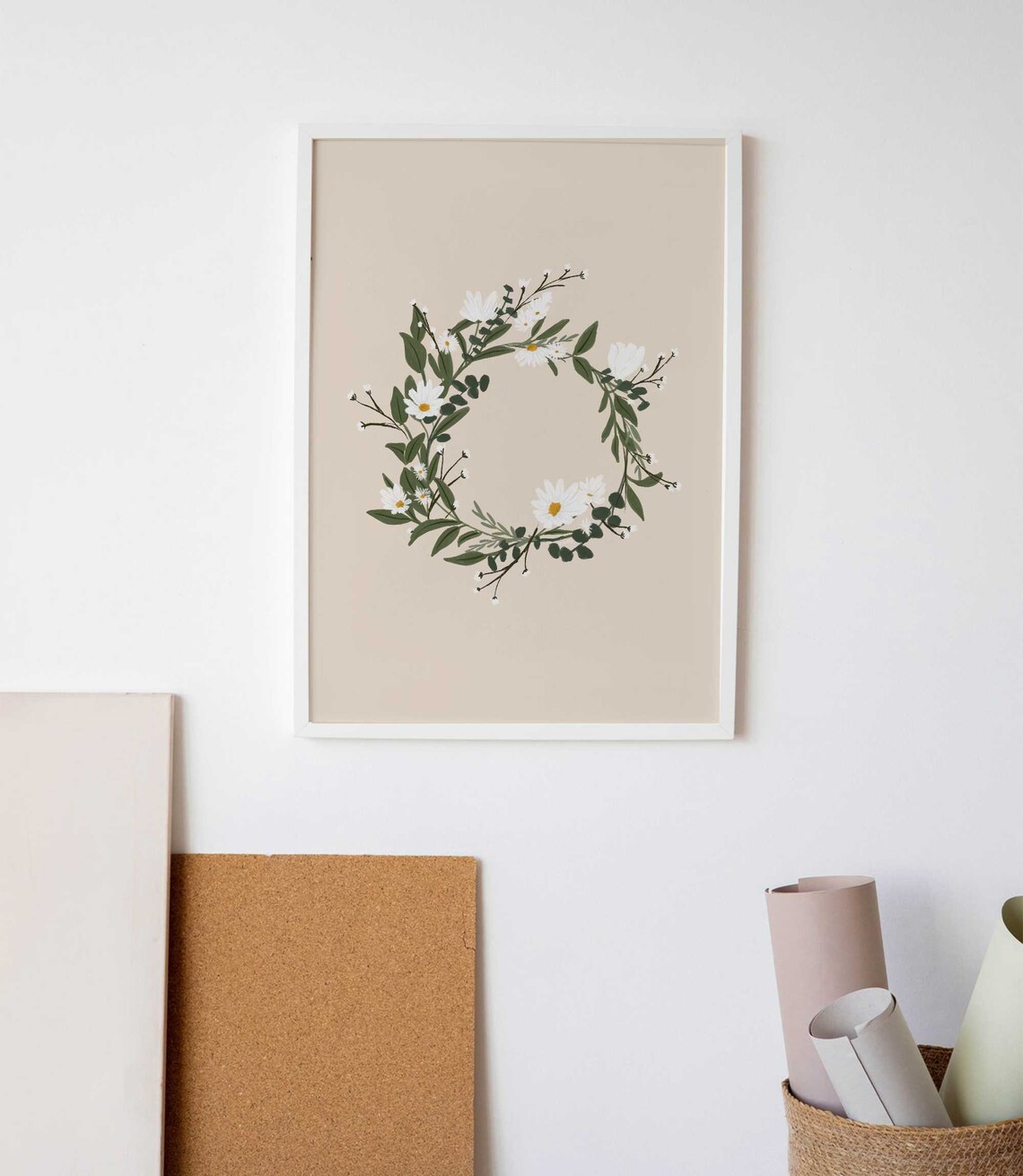 Spring Daisy Wreath Art Print, Neutral Floral Decor - Image 2