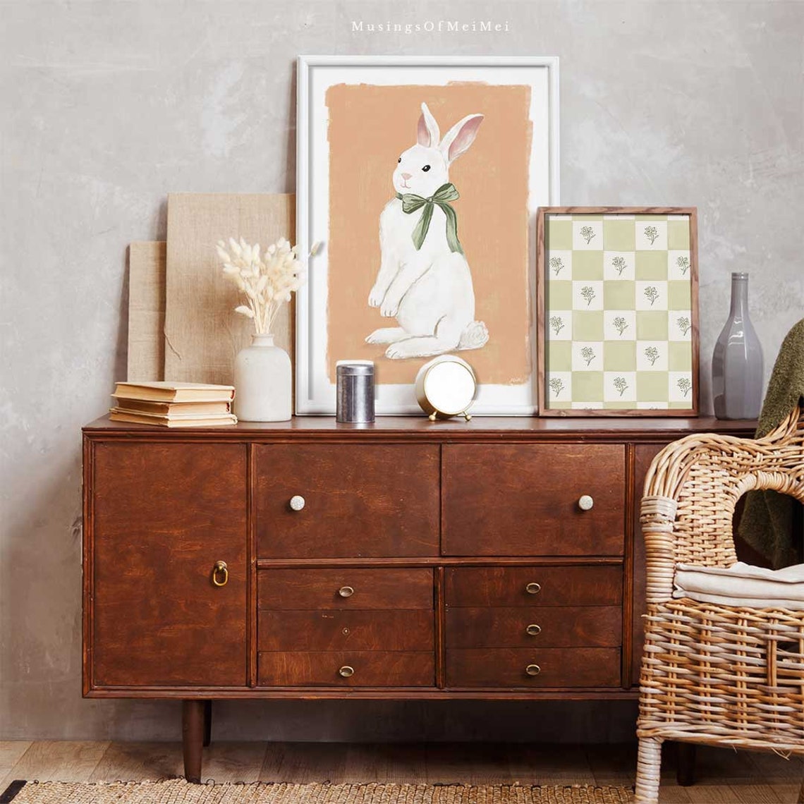 White Bunny with Sage Bow Tie Pastel Peach Nursery Bunny Art Poster - Image 2