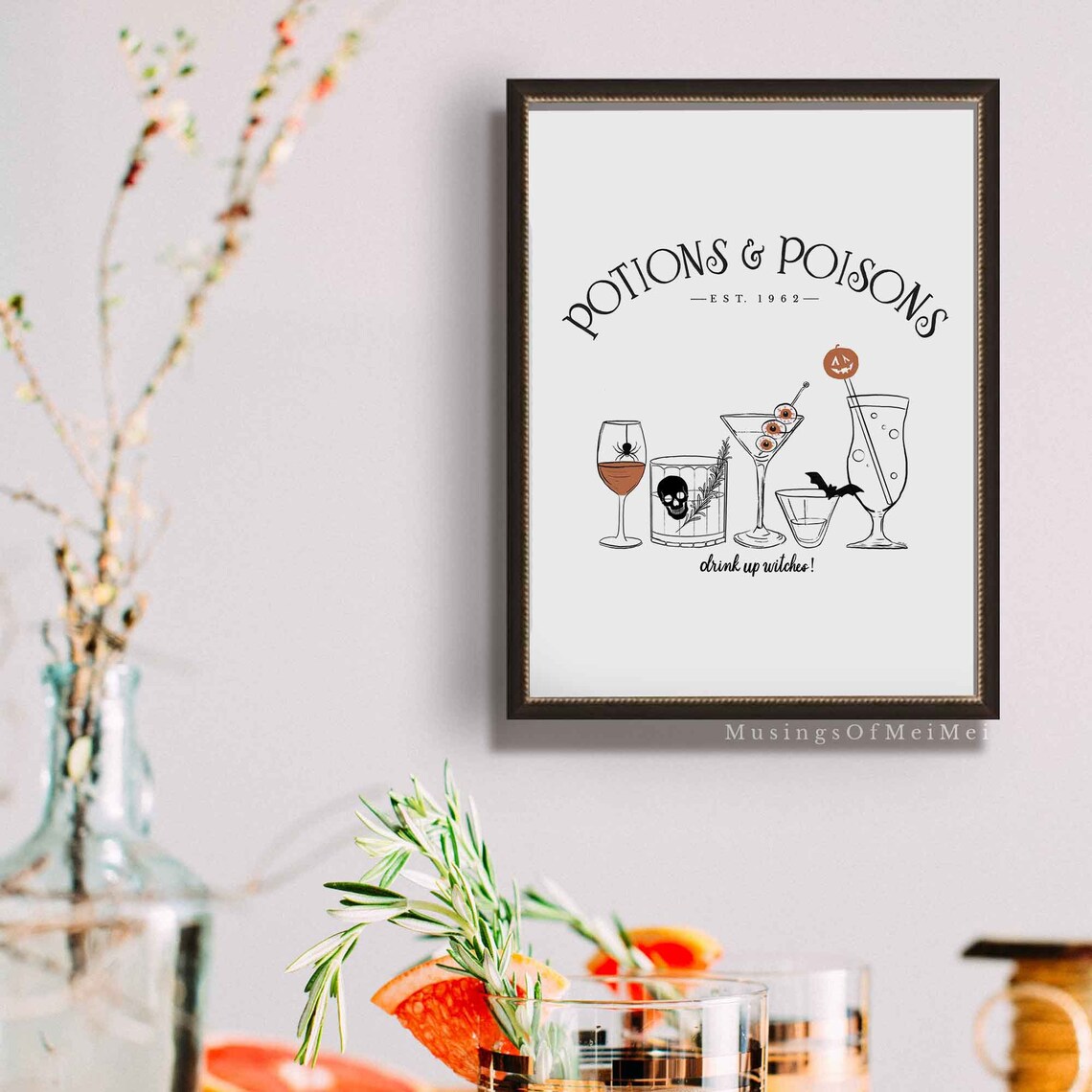 Halloween Bar Cart Drinks Line Art Print - Image 3