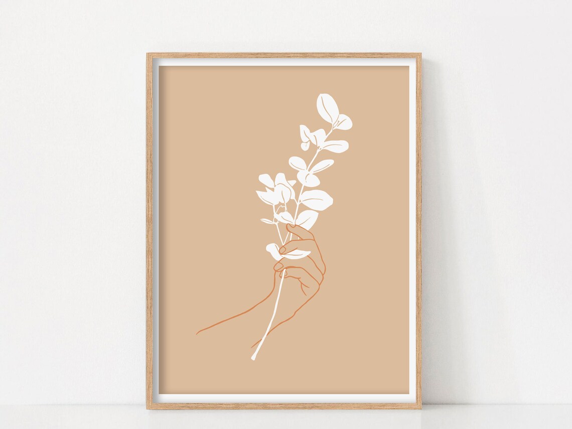 Minimalist Hand Holding Eucalyptus Botanical Line Art Beige Wall Art