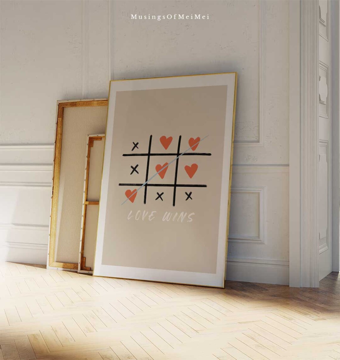 Tic Tac Toe Love Wins Heart Game Beige Minimalist Romantic Wall Poster - Image 3