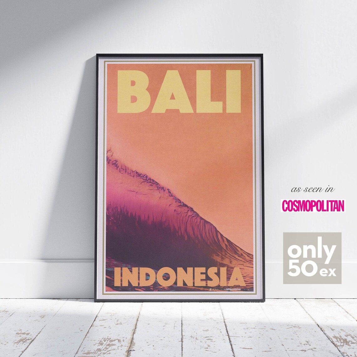 Bali Indonesia Surf Wave Barrel Sunset Vintage Travel Poster