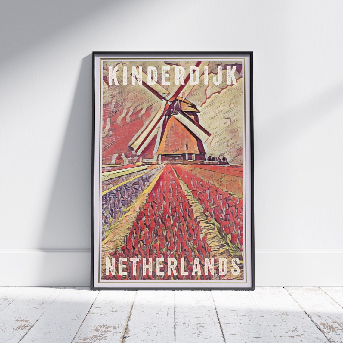 Kinderdijk Netherlands Windmill Tulip Fields Retro Travel Poster