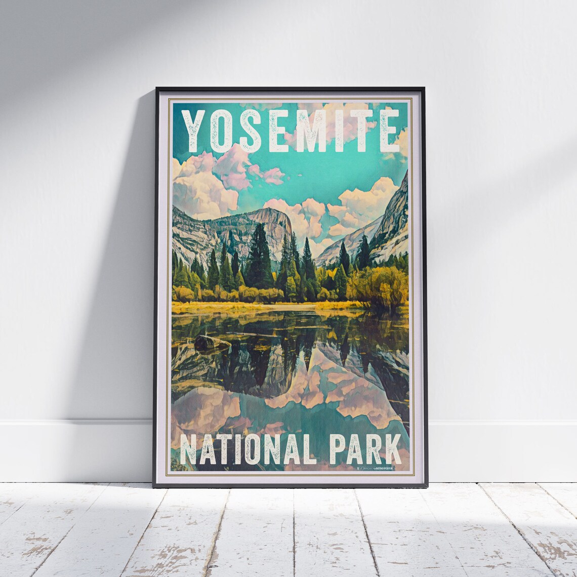 Yosemite National Park Mountain Lake Pine Reflection Vintage Travel Poster