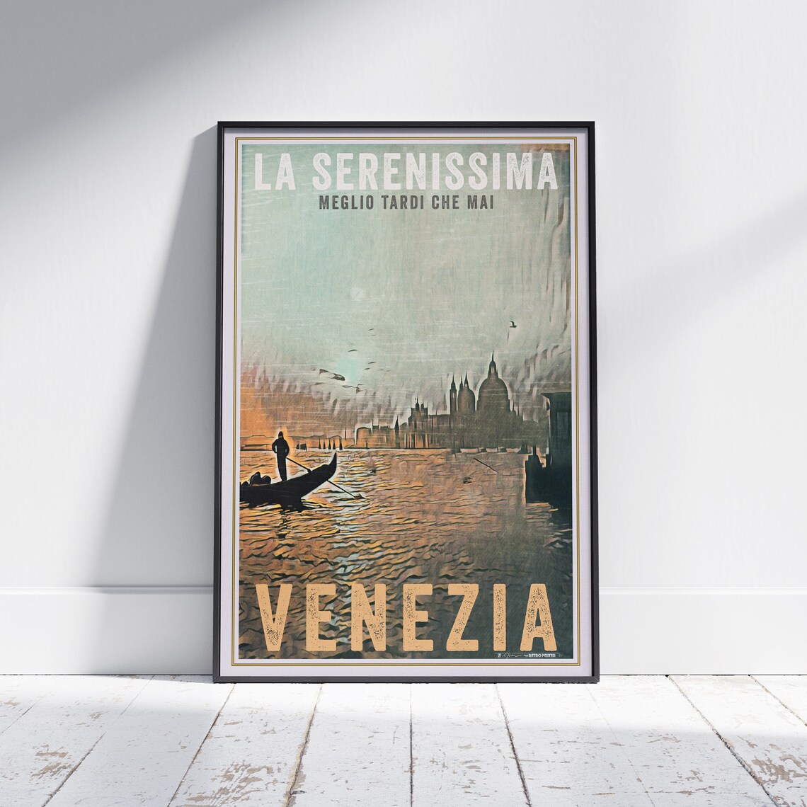 Venezia Italy Retro Travel Poster La Serenissima Gondolier Sunset Art