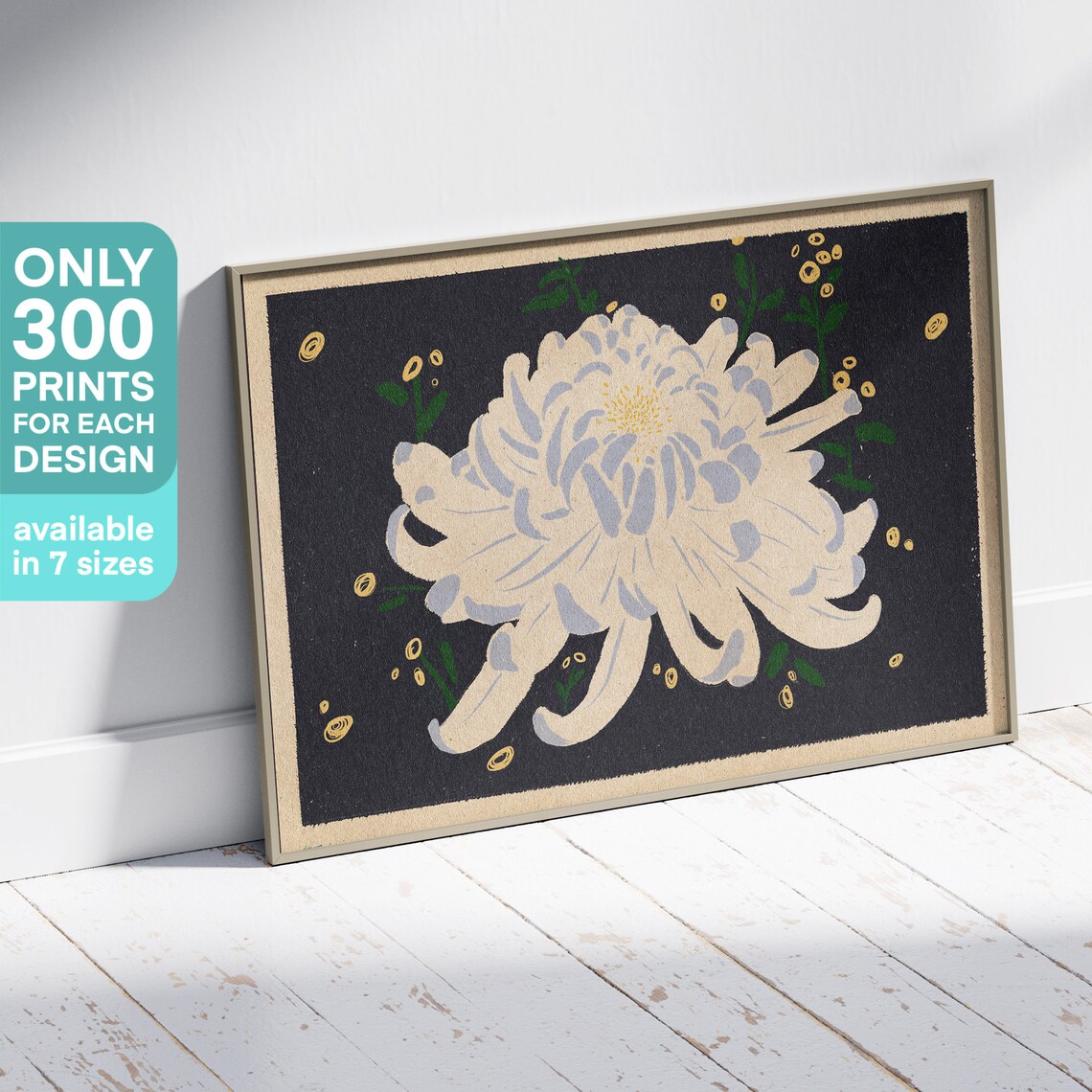White Chrysanthemum Blooming Black Japanese Woodblock Floral Poster - Image 3