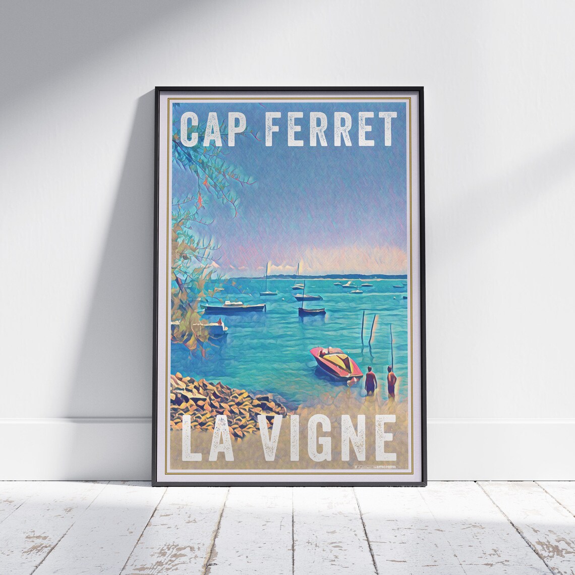 Cap Ferret La Vigne Beach Boats France Vintage Travel Poster