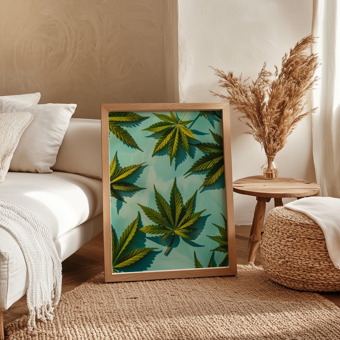Cannabis Leaves Repeating Pattern On Teal Modern Botanical Art Poster - Image 4