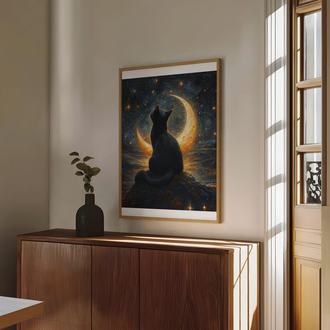Black Cat Beneath a Glowing Crescent Moon Over the Night Ocean Poster - Image 4
