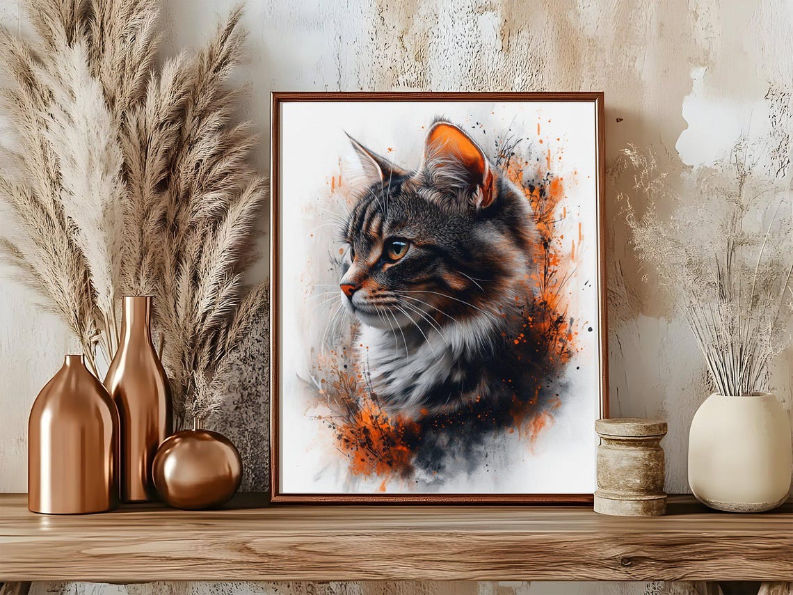 Watercolor Tabby Cat Portrait With Fiery Orange Paint Splashes Poster - Image 5