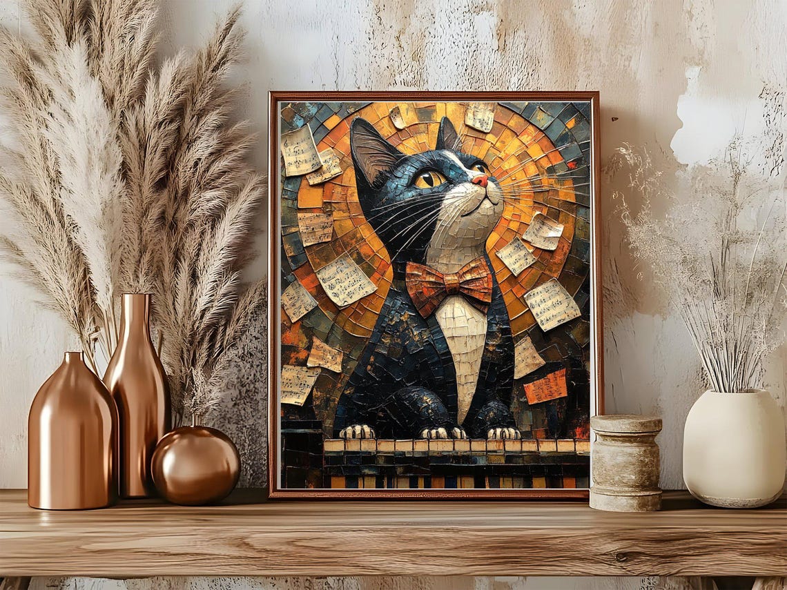 Funny Tuxedo Cat at Piano Poster With Bow Tie and Mosaic Style - Image 5