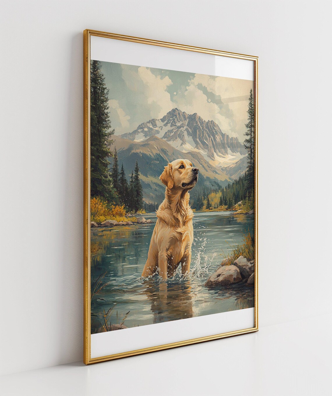 Golden Retriever Splashing in Alpine Mountain Lake Art Poster - Image 3