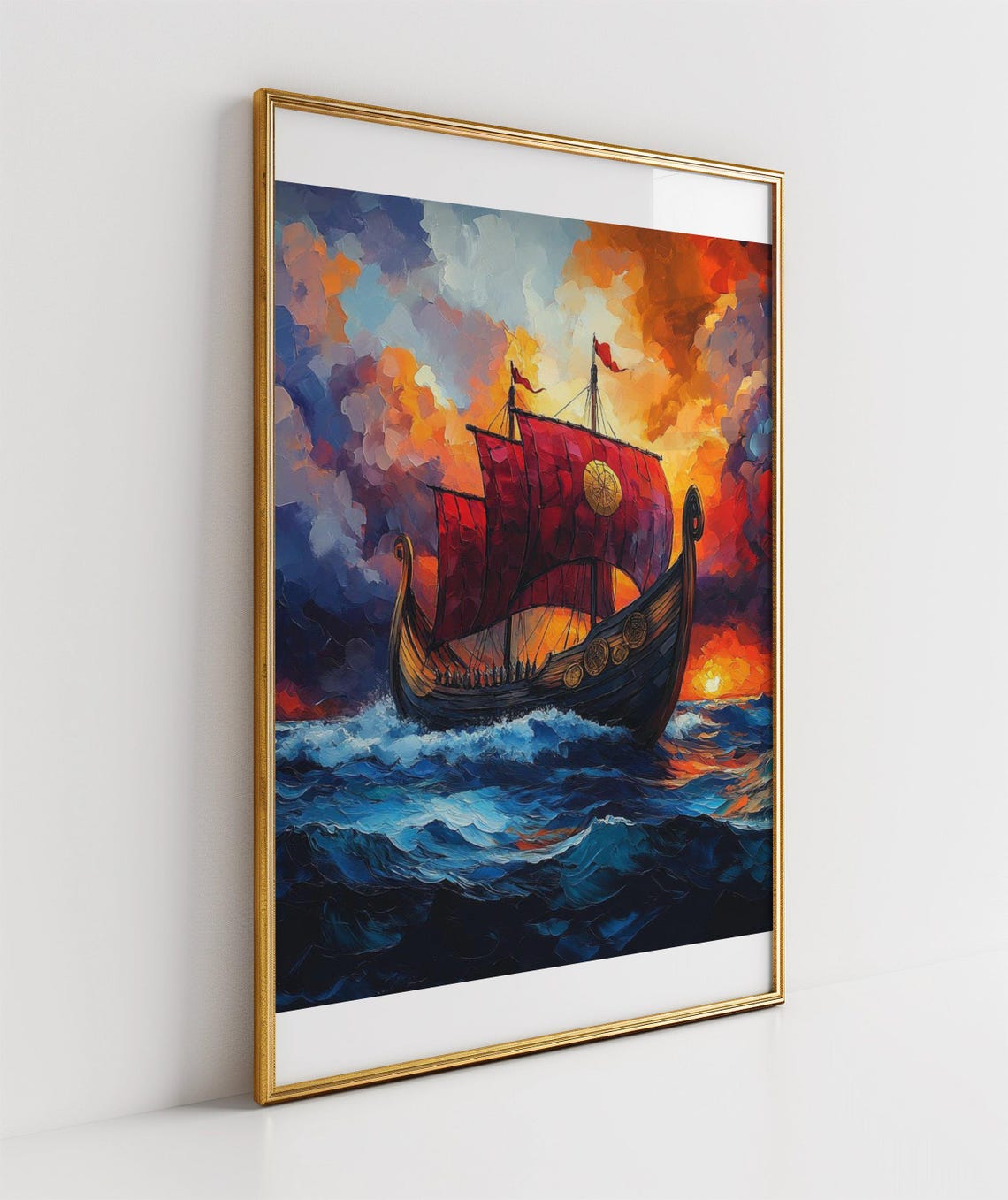 Viking Ship Wall Art Print Vibrant Sunset Scene Nautical Home Dcor Ocean Landscape Painting Historic Maritime Artwork - Image 3