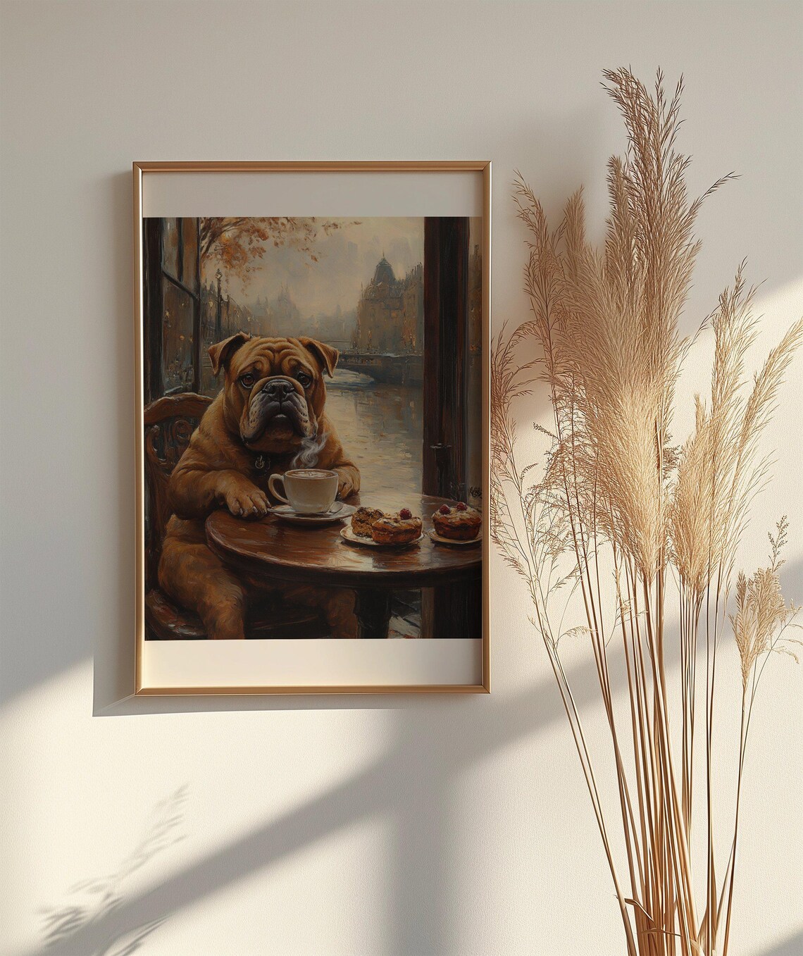 English Bulldog Enjoying Coffee Break at Paris Bistro Art Poster - Image 2
