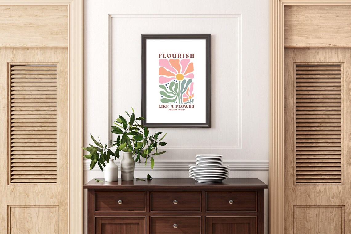 Flourish Like A Flower Retro Christian Floral Quote Wall Art - Image 2