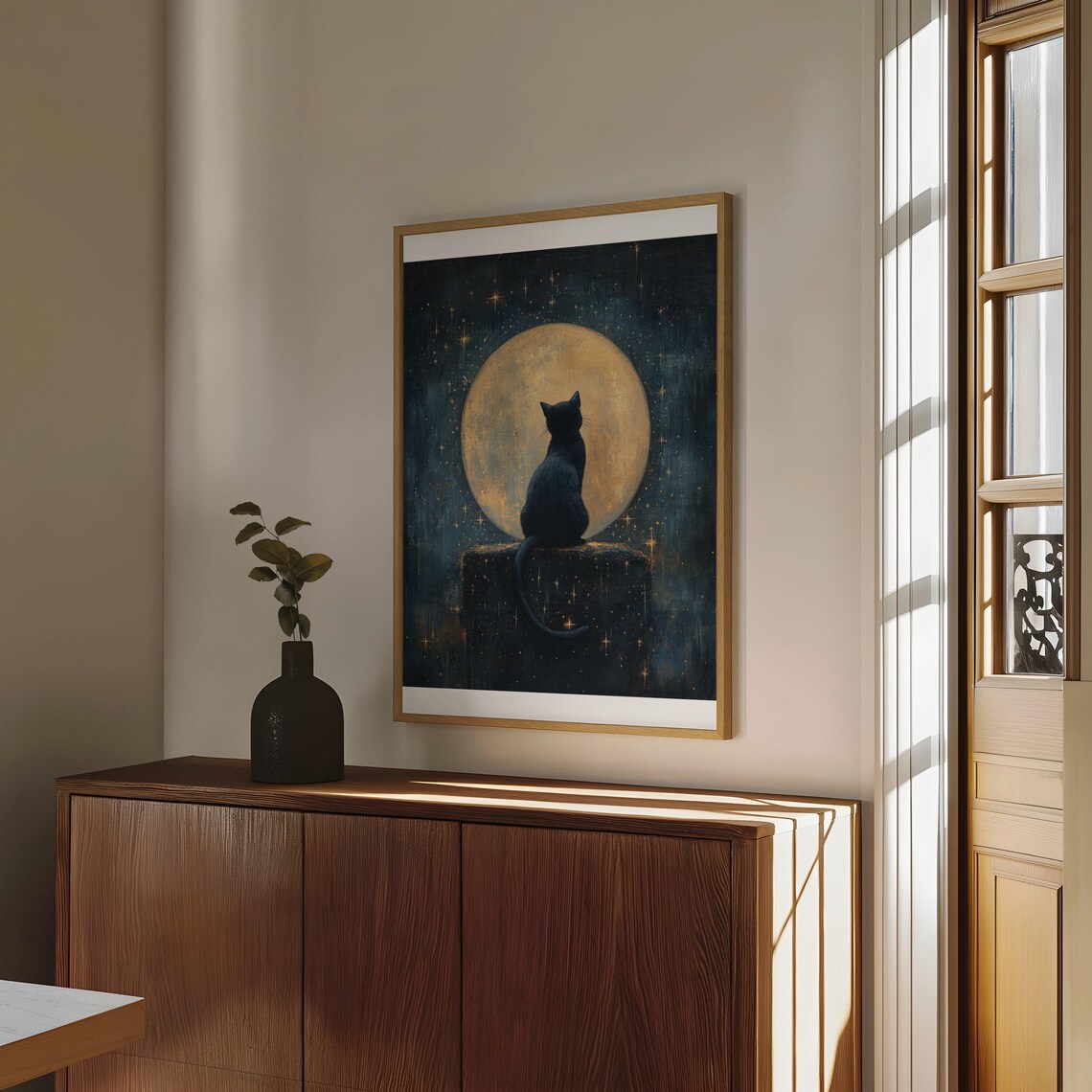 Black Cat Silhouette Gazing at a Golden Full Moon in a Starry Sky Poster - Image 4