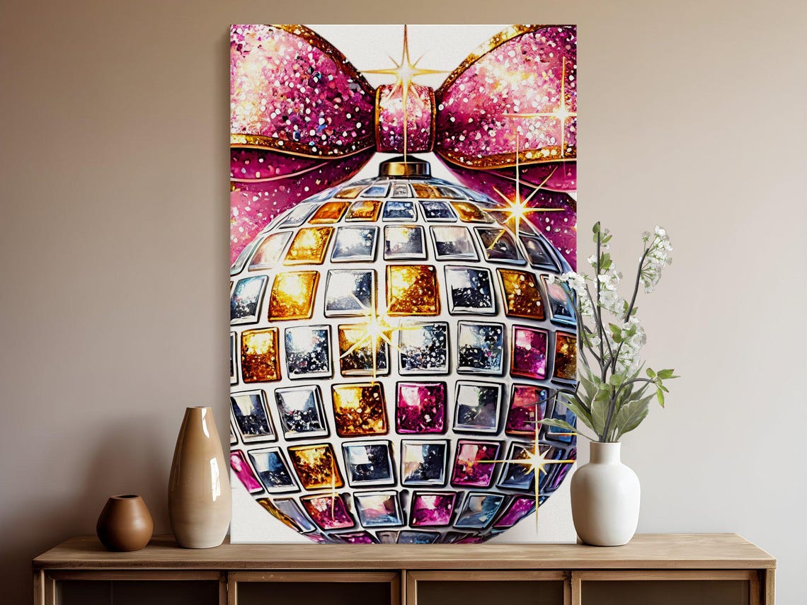 Sparkling Disco Ball Ornament With a Pink Glitter Bow Poster - Image 5