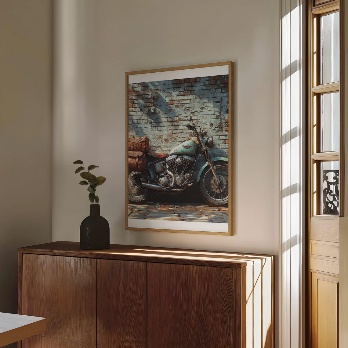 Vintage Teal Motorcycle Poster Rustic Brick Wall Retro Bike Decor - Image 4