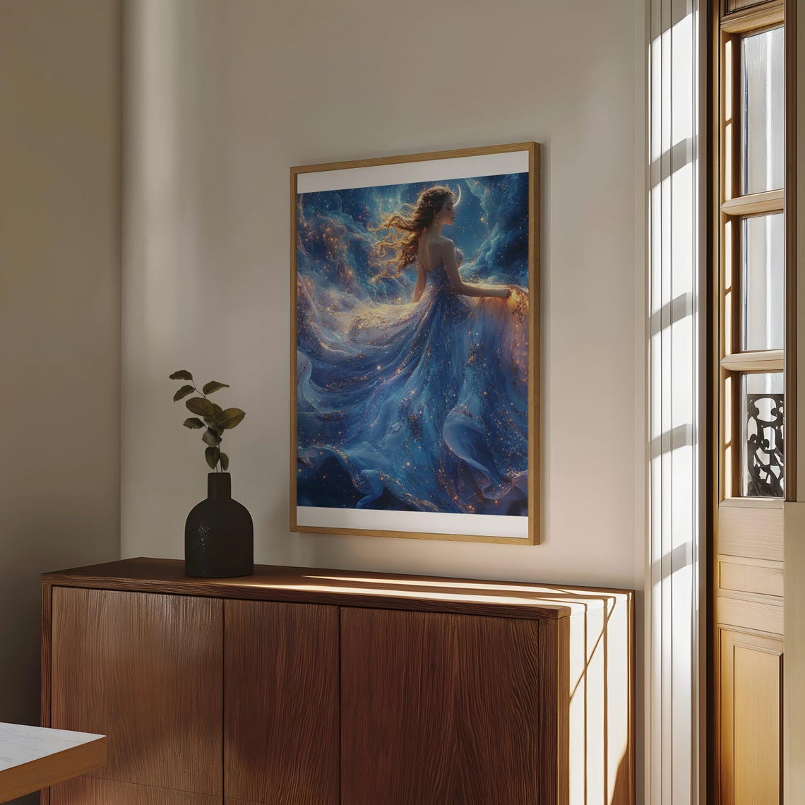 Ethereal Celestial Woman Wall Art Dreamlike Night Sky Art Print Cosmic Goddess Dcor Blue And Gold Surreal Artwork Enchanting Fantasy - Image 4
