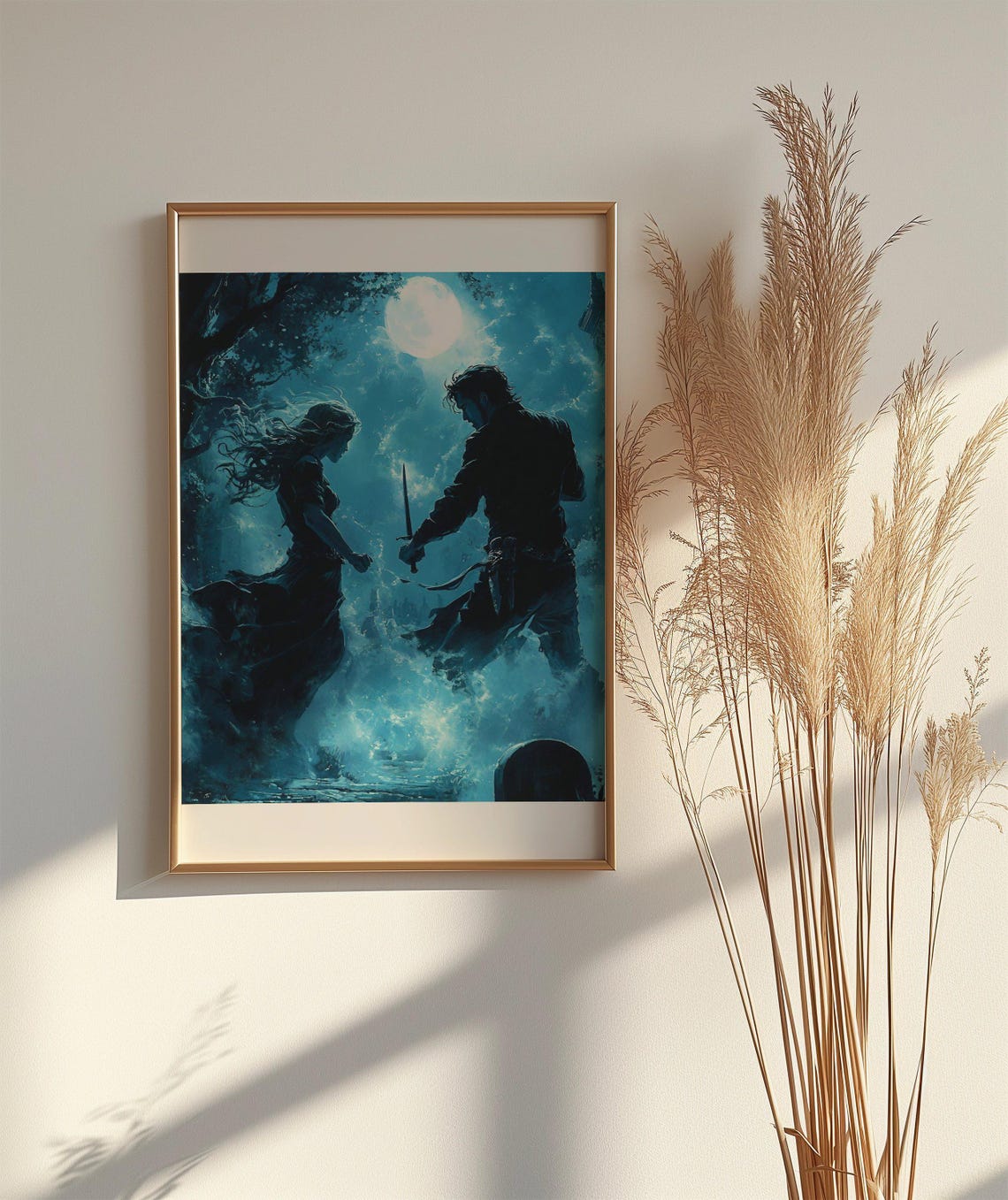 Enchanted Moonlit Duel Fantasy Wall Art Mystical Blue Night Sword Battle Print Mysterious Forest Dcor Magical Enemies Artwork - Image 2