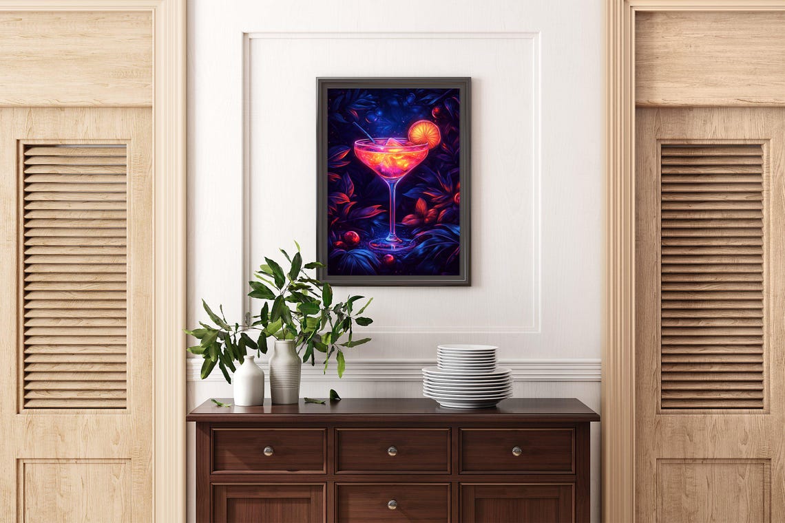 Neon Cocktail Poster With Glowing Martini Glass on Dark Tropics - Image 2