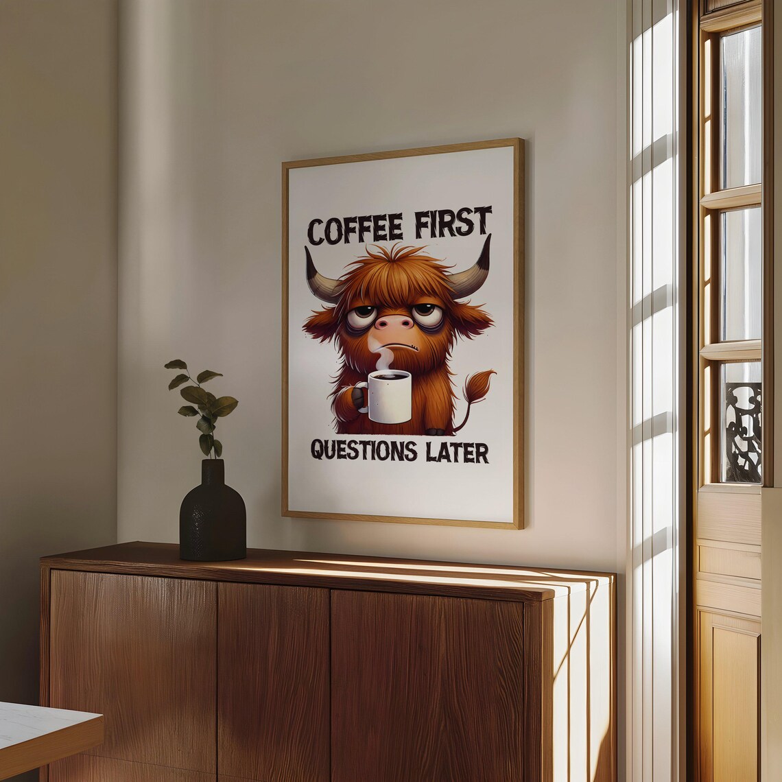 Funny Highland Cow Poster Saying Coffee First Questions Later - Image 4