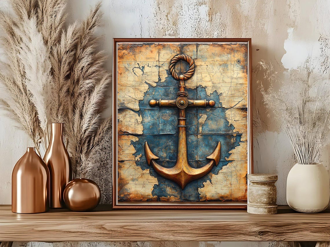 Bronze Anchor Over Vintage Map Poster With Weathered Nautical Style - Image 5