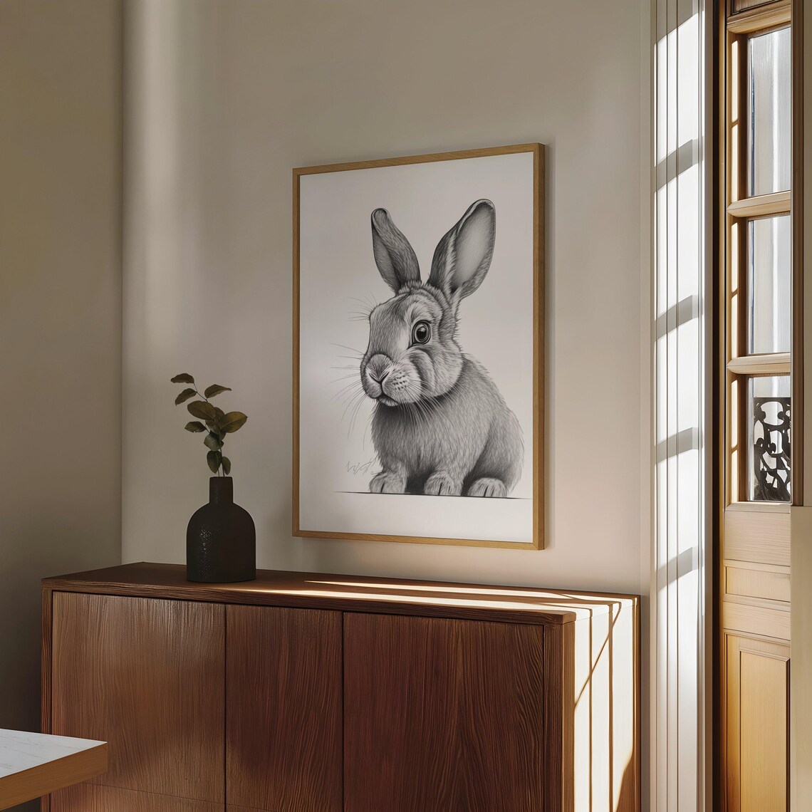 Realistic Rabbit Pencil Sketch Black and White Cute Animal Poster - Image 4