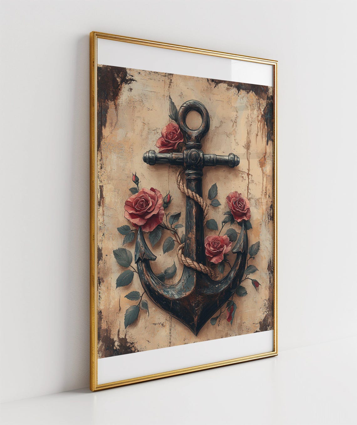 Vintage Anchor and Roses Poster With Rustic Nautical Charm and Rope - Image 3