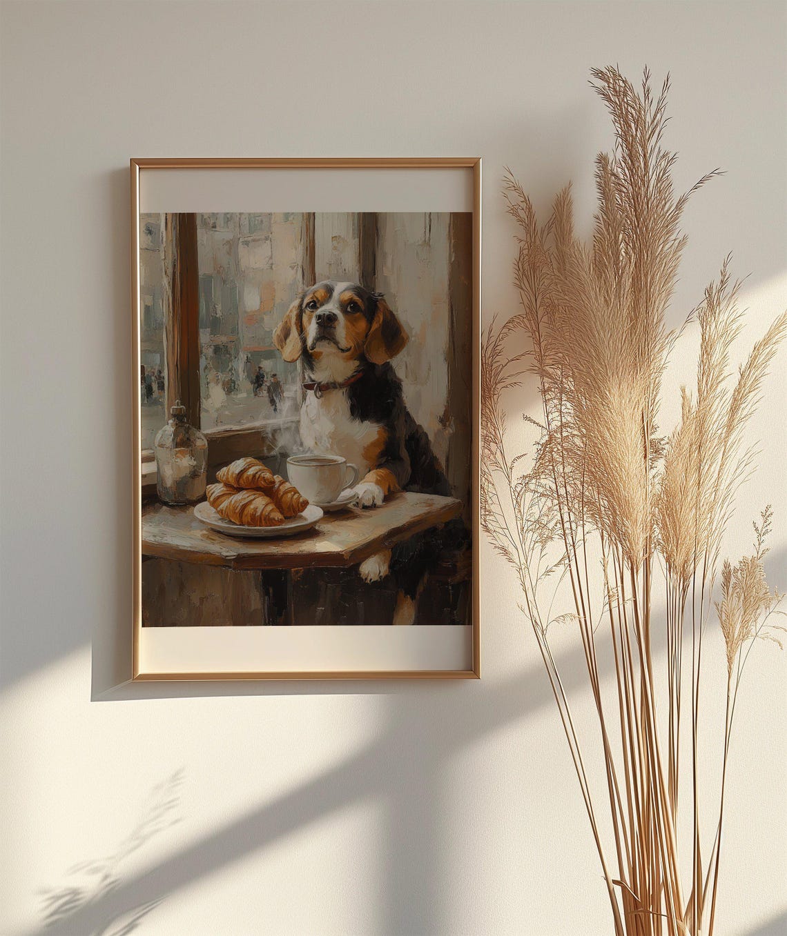 Charming Beagle Sitting at Parisian Cafe with Croissants Art Poster - Image 2