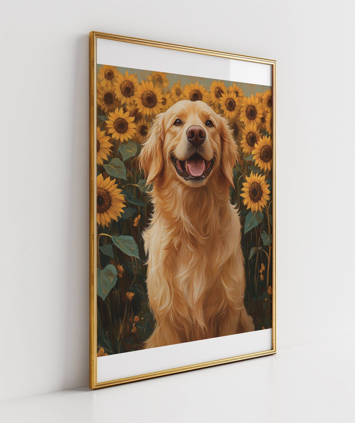 Joyful Golden Retriever Smiling in Sunflower Field Art Poster - Image 3