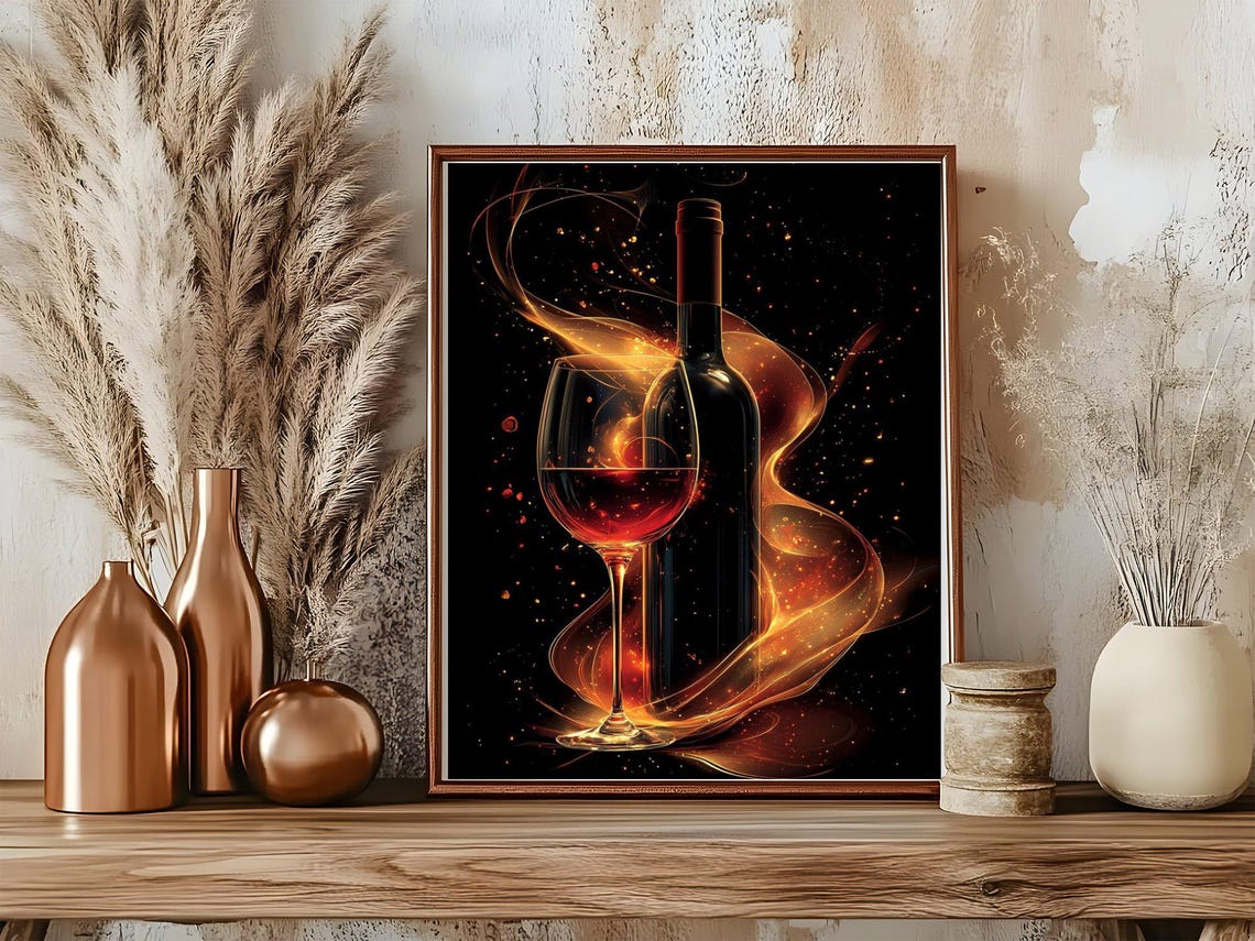 Wine Bottle and Glass in Golden Smoke on Black Kitchen Poster - Image 5