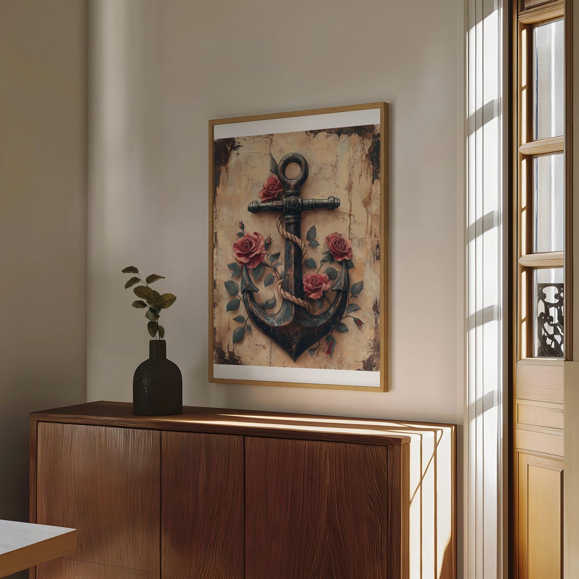 Vintage Anchor and Roses Poster With Rustic Nautical Charm and Rope - Image 4