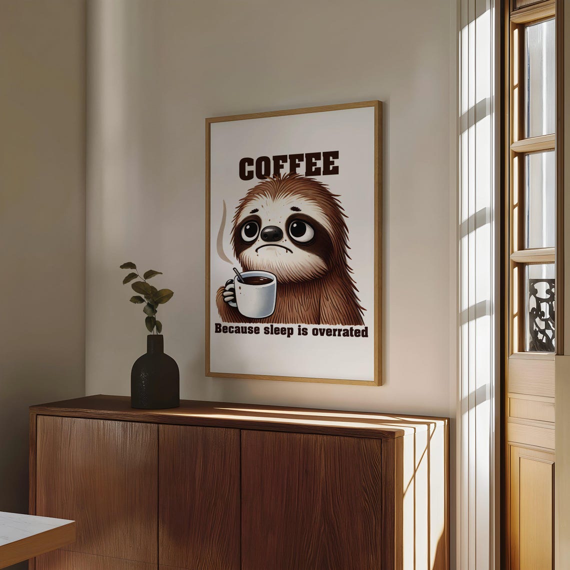 Funny Sloth With Coffee Poster Saying Because Sleep Is Overrated - Image 4