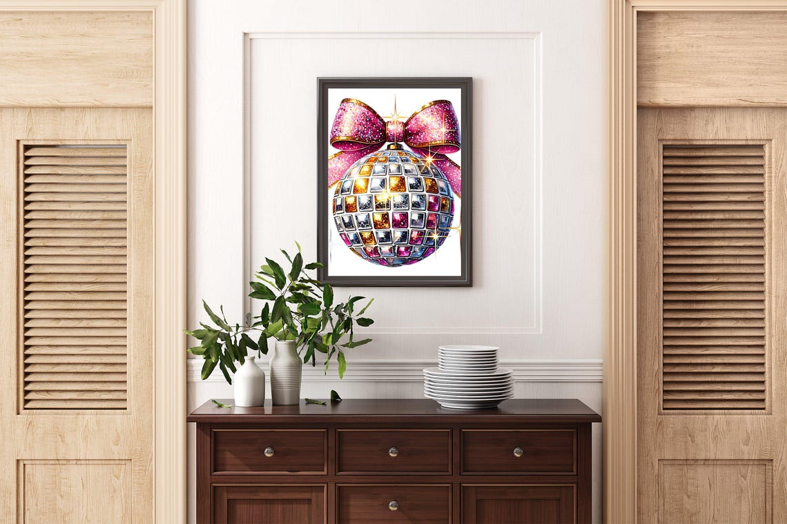 Sparkling Disco Ball Ornament With a Pink Glitter Bow Poster - Image 2