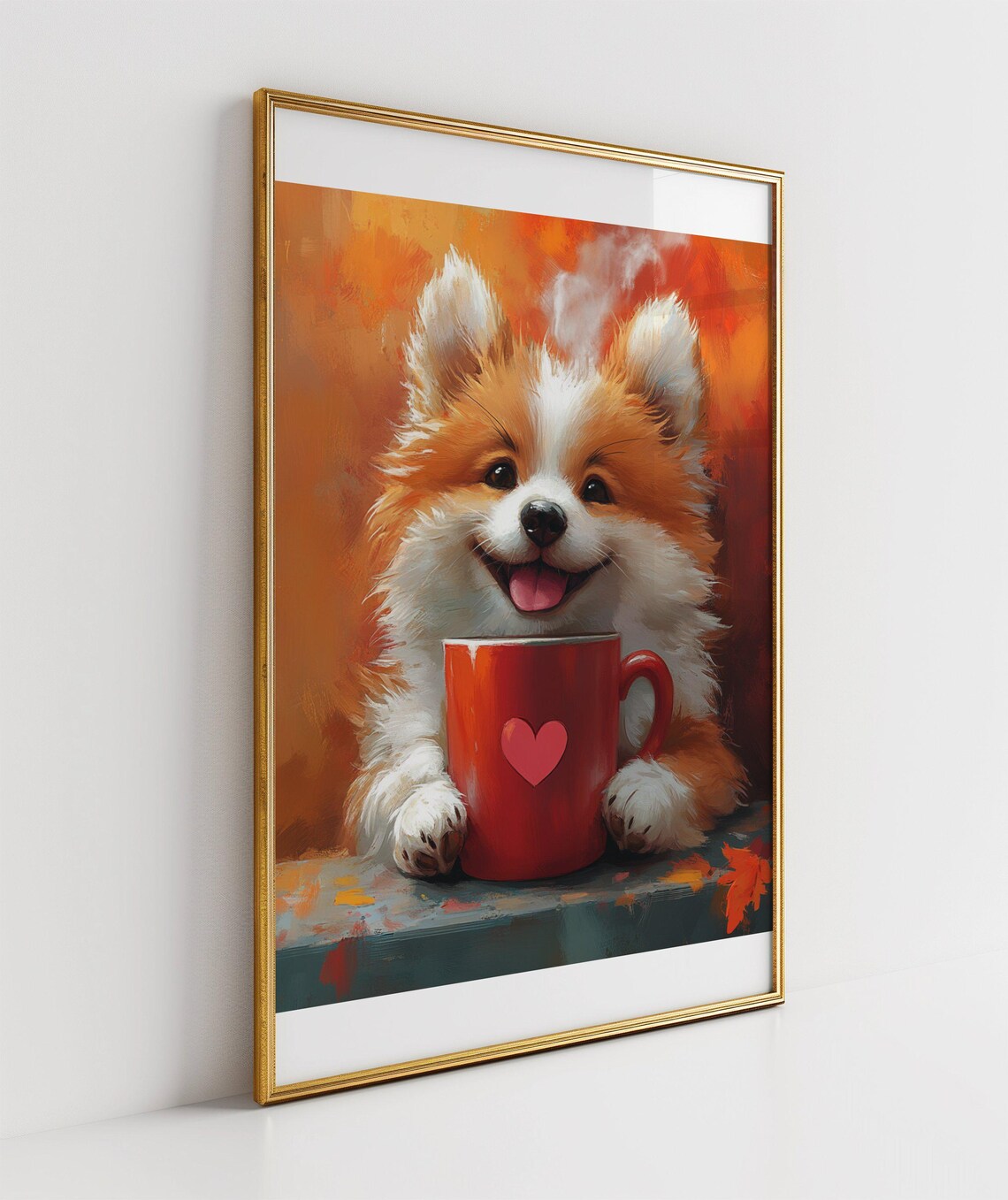 Smiling Fluffy Pomeranian Puppy with Red Heart Mug Art Poster - Image 3