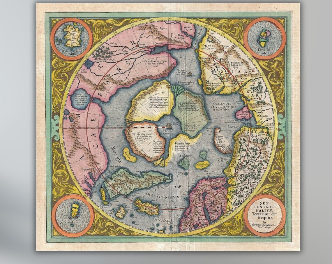 Mercator 1595 Polar Map Septentrionalium Terrarum Vintage Poster