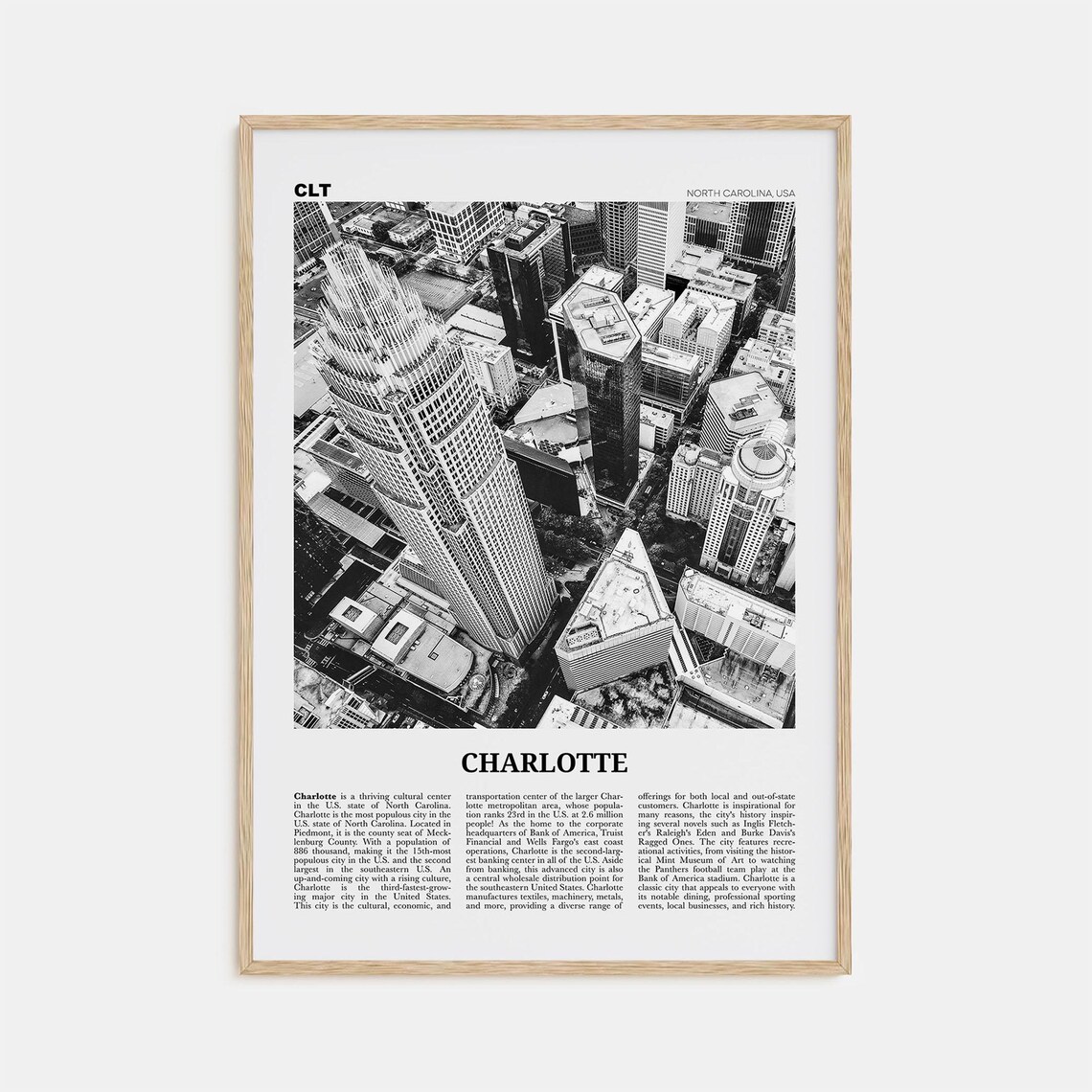 Charlotte Black and White Travel Poster, North Carolina