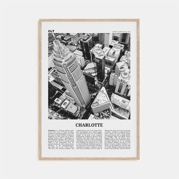 Charlotte Black and White Travel Poster, North Carolina
