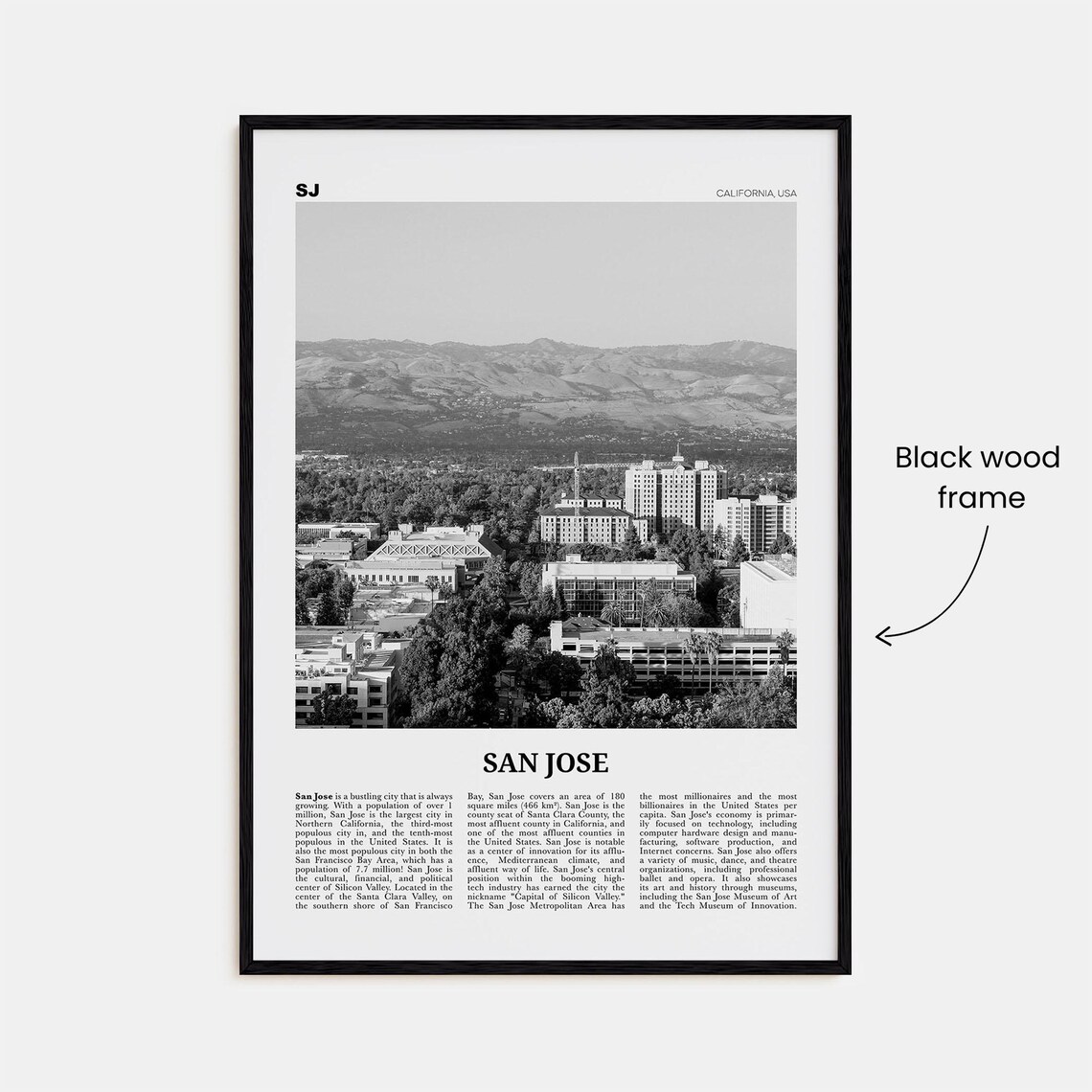 San Jose Black and White California Travel Poster - Image 3