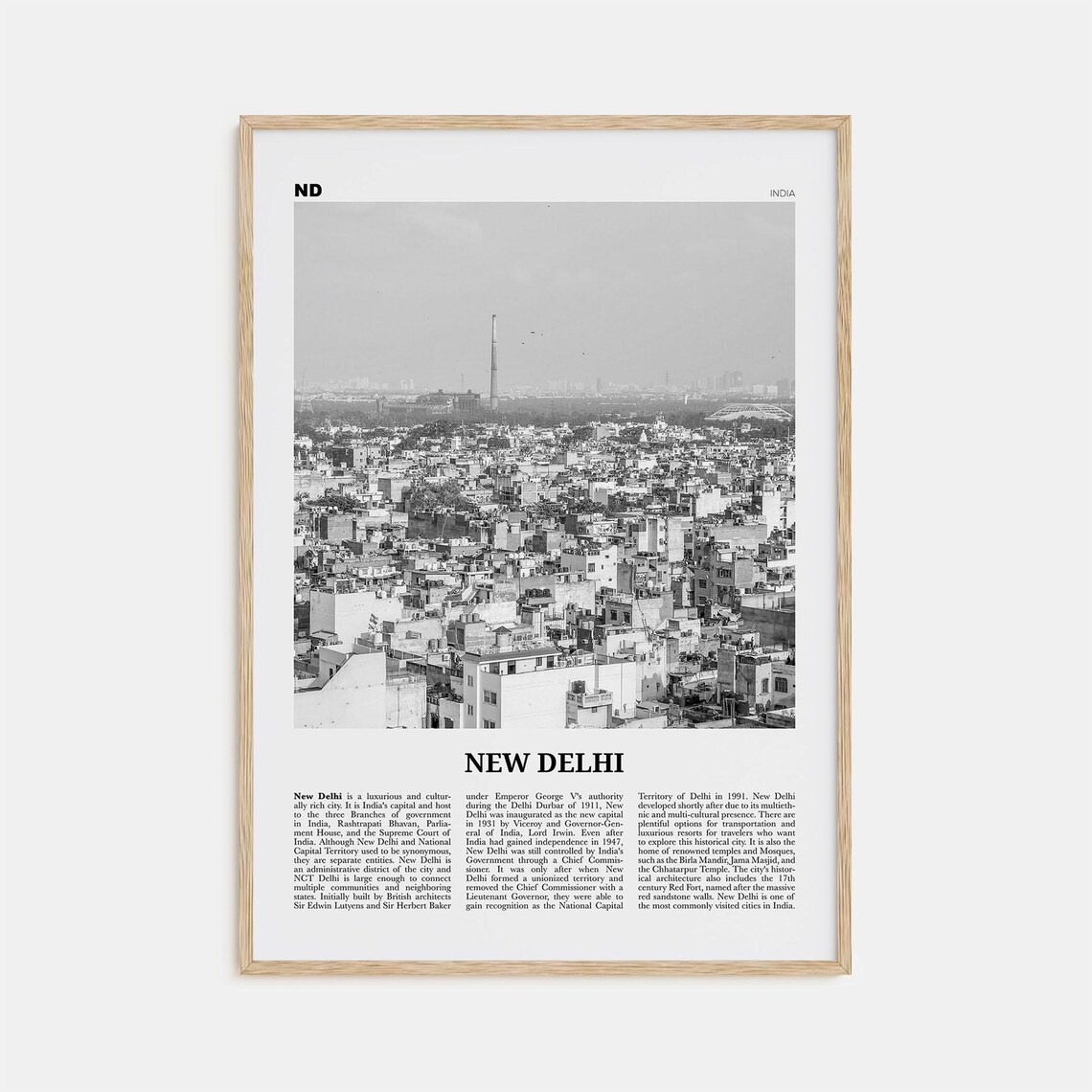 New Delhi Black and White Travel Poster, India