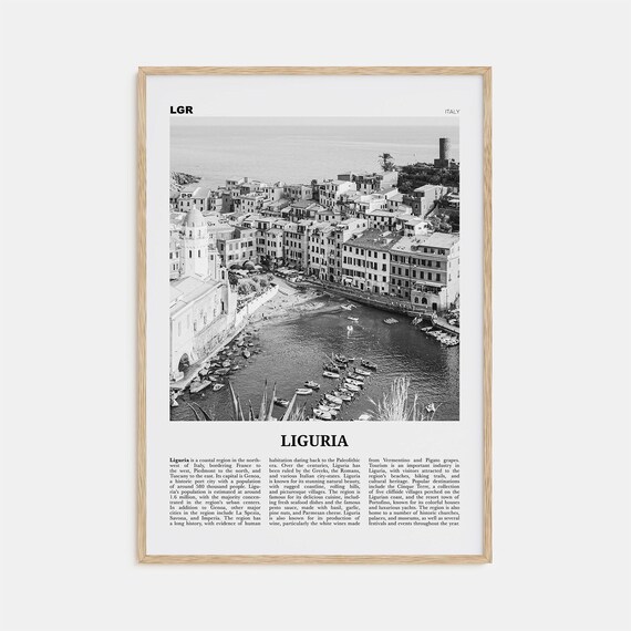Liguria Black And White Map Art Print, Italy