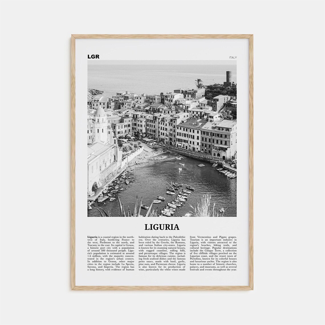 Liguria Black And White Map Art Print, Italy