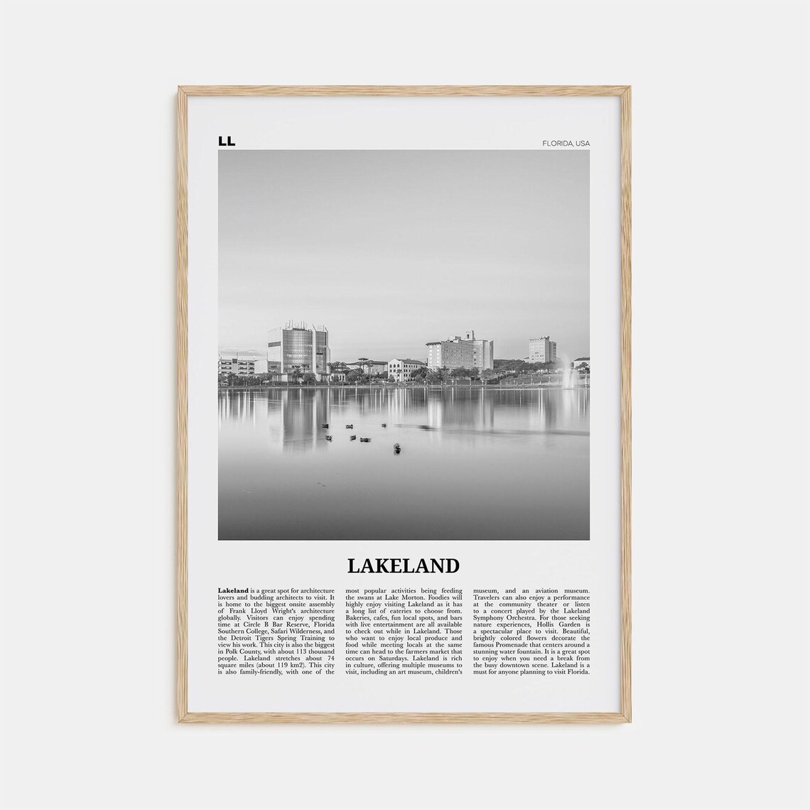 Lakeland Black and White Travel Poster, Florida USA
