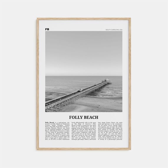 Folly Beach Black and White Travel Poster, South Carolina